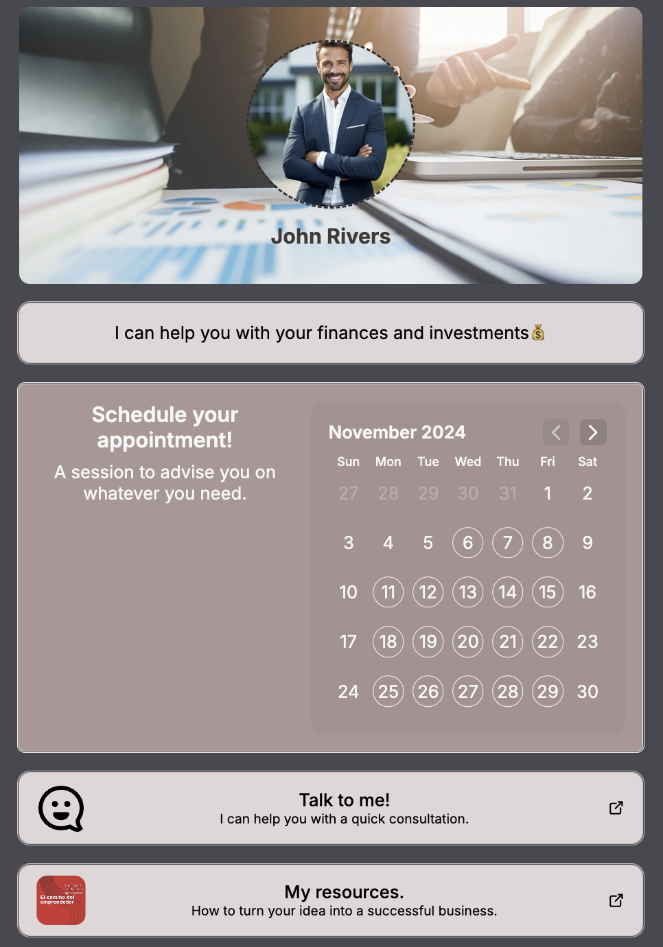 Optimized profile of a financial and investment advisor. Schedule your appointment in October 2024 for a personalized consultation and access resources on how to create a successful business. Quick contact for financial advice.