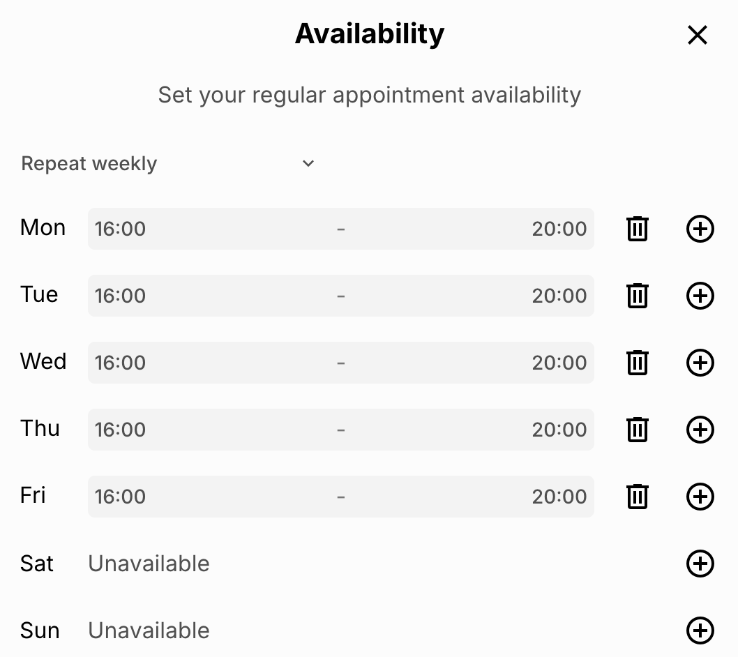 Screenshot of the section where you can set your availability.
