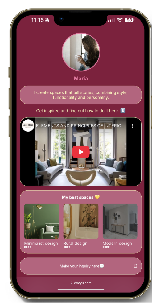 Profile of an interior designer showcasing her digital products.