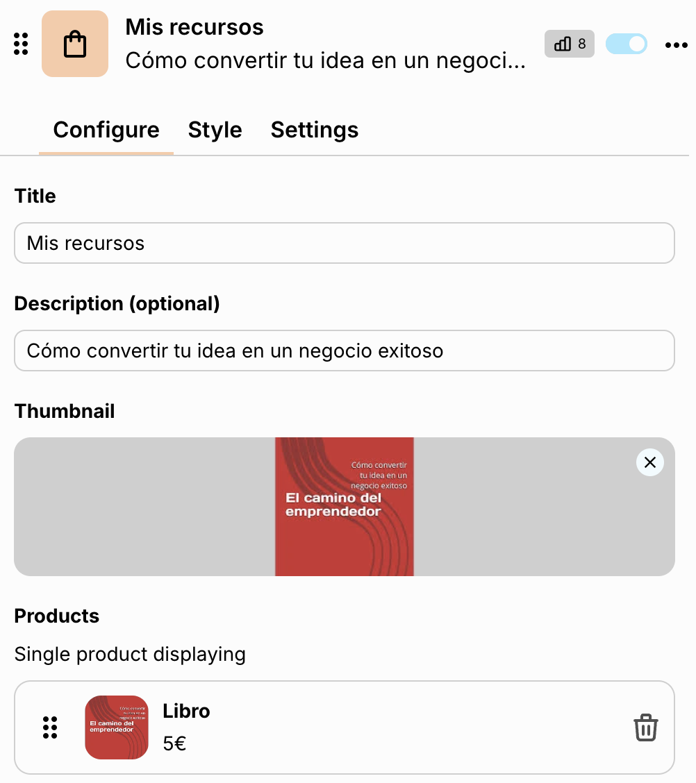 Imagen donde se muestra el bloque de Tienda donde se enlazan recursos.
