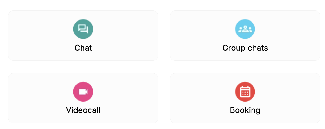 Bloques de las herramientas que dispone Dooyu: se puestran el chat, las videollamadas, los grupos de difución y el calendario.