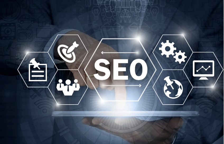 Imagen con iconos relacionados con SEO.