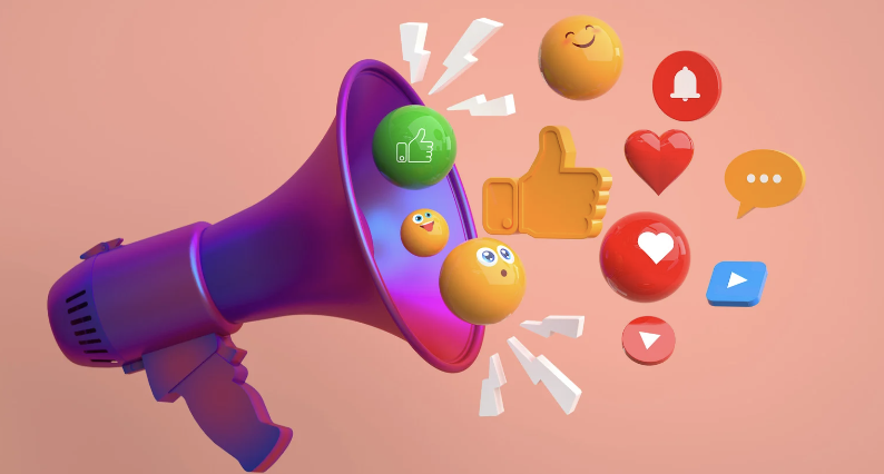 Imagen de un megáfono con elementos gráficos que salen de él relacionados con publicidad digital.