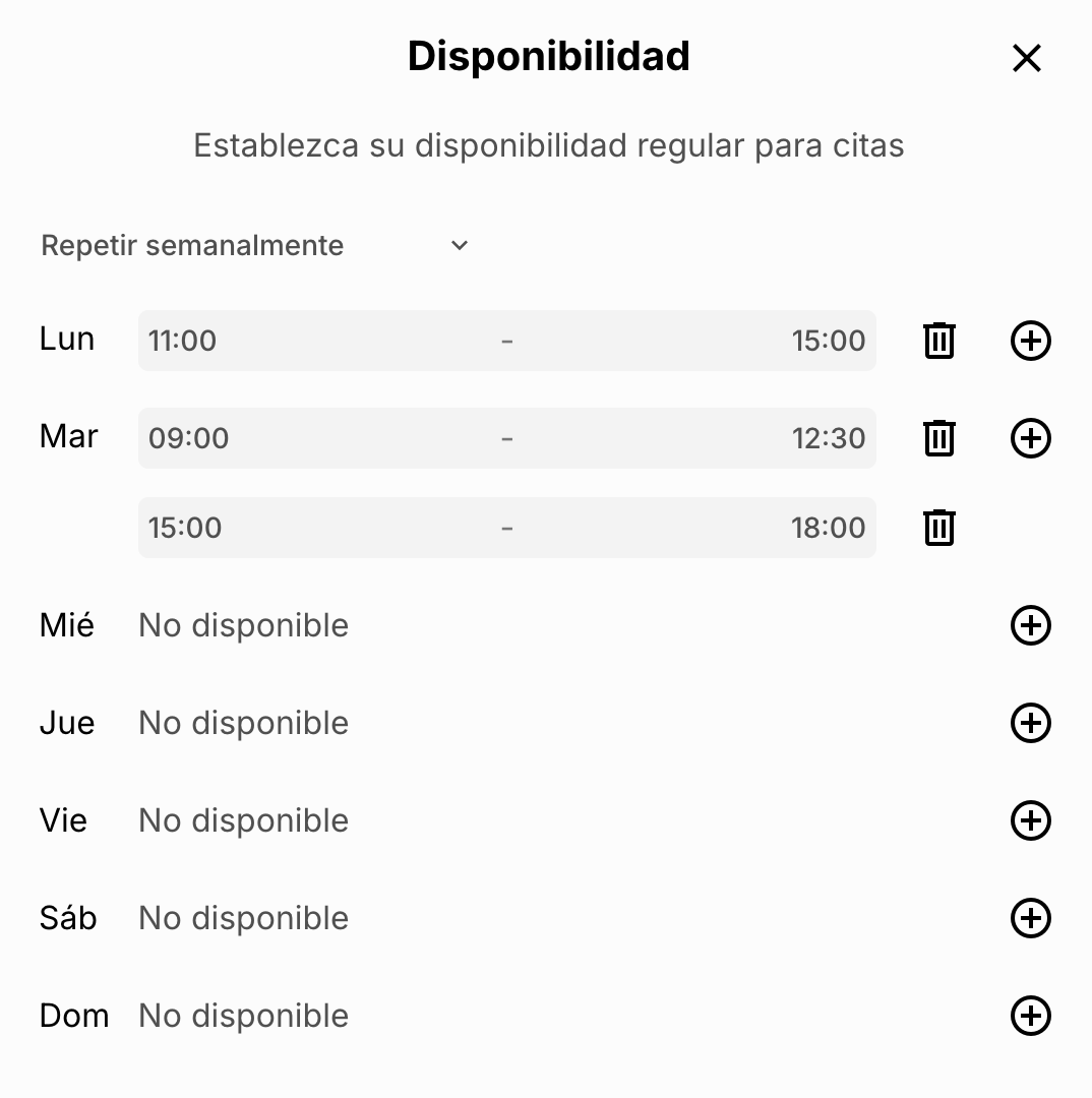 Captura de pantalla del apartado donde puedes configurar tu disponibilidad