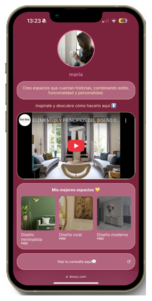 Perfil de una decoradora de interiores, mostrando sus productos digitales.