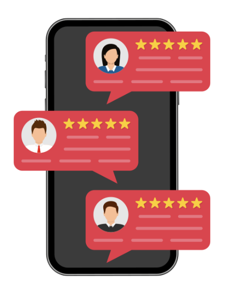 Image of a mobile phone displaying reviews.
