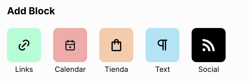 Opciones de bloques en herramienta de enlace en bio: añadir Links, Calendario, Tienda, Texto y Social.