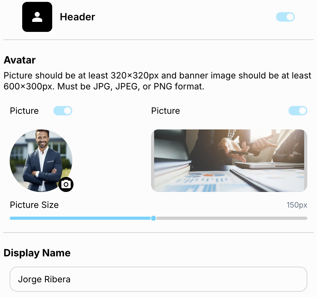 Header where you can select your avatar and add both profile and background images.
