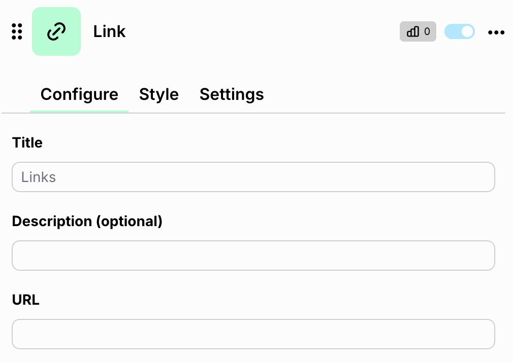 Image of the Link section, where you can copy the URL of any website or product you want to link.