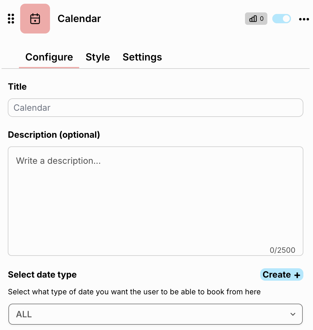 Image of the Calendar block, where you can add a customized calendar based on your availability.
