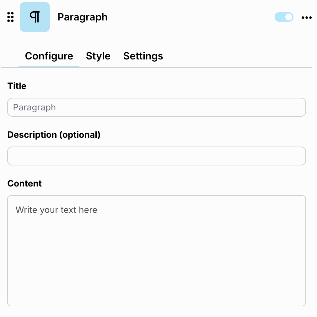 Image of the Text section, where you can add any type of text.

