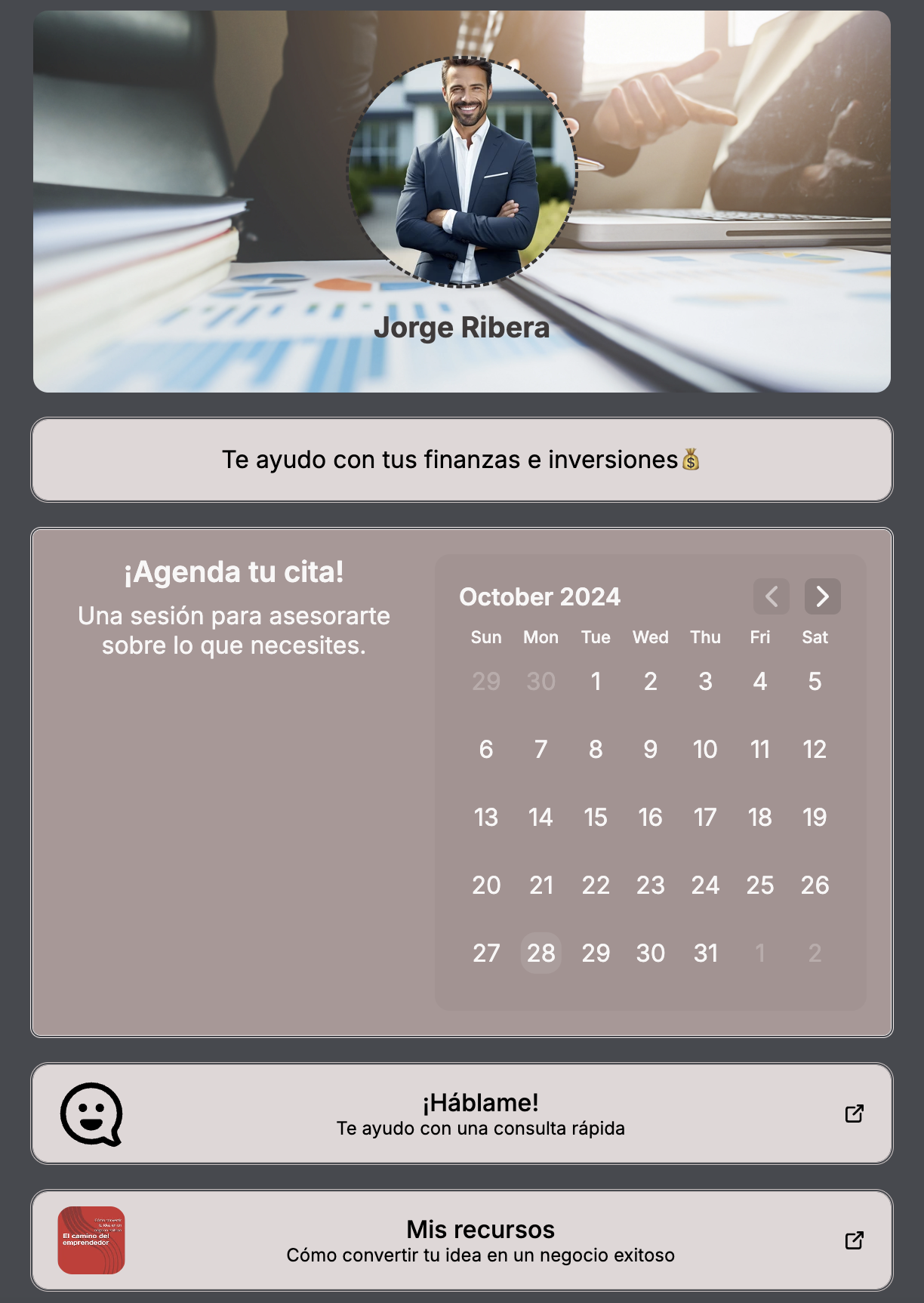 Perfil optimizado de un asesor en finanzas e inversiones. Agenda tu cita en octubre 2024 para una consulta personalizada y accede a recursos sobre cómo hacer un negocio exitoso. Contacto rápido para asesoría financiera